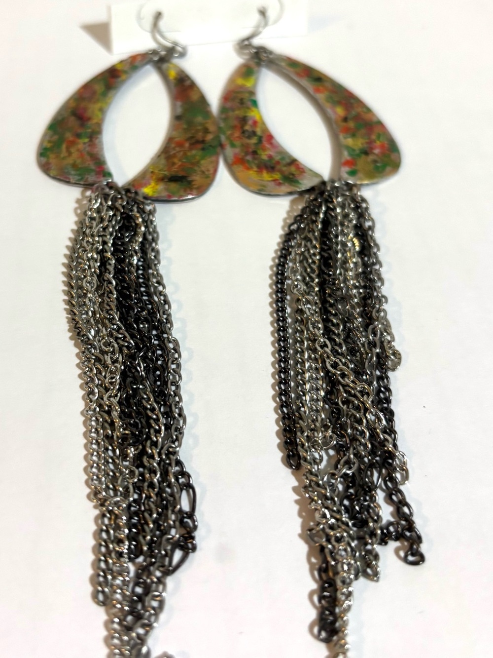 Multicolor Resin Teardrop Tassel Earrings with Mixed Metal Chains